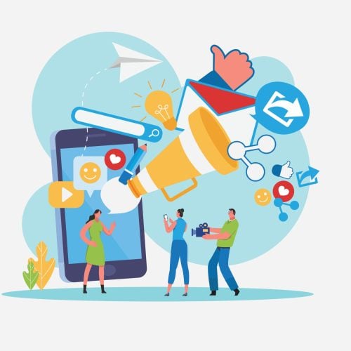 Digital marketing strategy team. Content manager. Online Social media. Flat cartoon character graphic design.